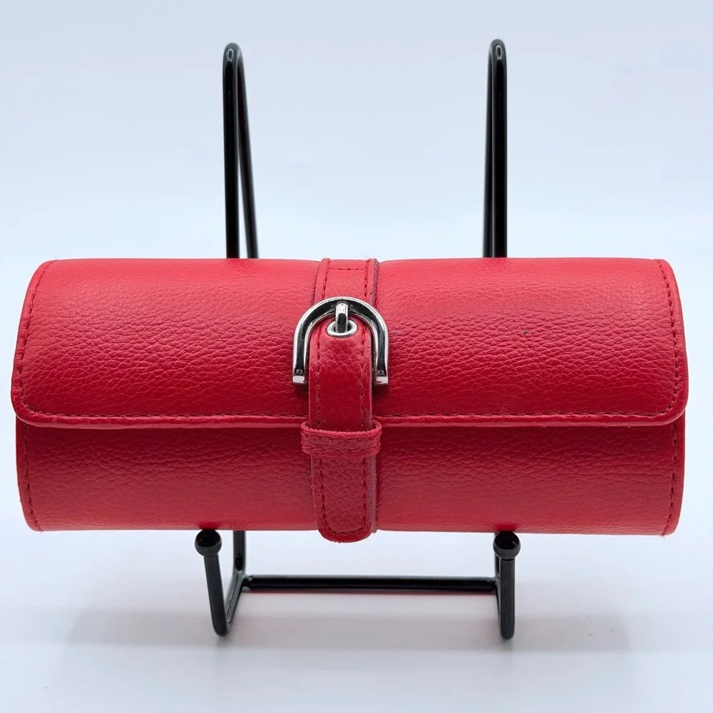 Red Faux Leather Jewely Roll Hard Shell Travel Organizer Case Velvet Interior